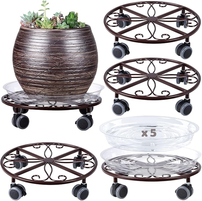 5 Pack Plant Caddy with Wheels Heavy Duty 11.8 Inches Metal Plant Stand with Wheels Plant Dolly Rolling Plant Stand Plant Roller with Casters for Indoor and Outdoor (5, Bronze)