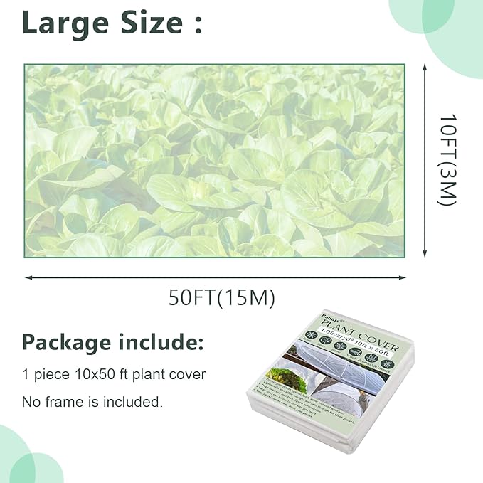 Rohuis Plant Covers Freeze Protection Winter, 10ftx50ft Frost Blanket for Outdoor Plants, Frost Cloth Plant Freeze Protection, Reusable Garden Floating Row Cover for Vegetables Tree