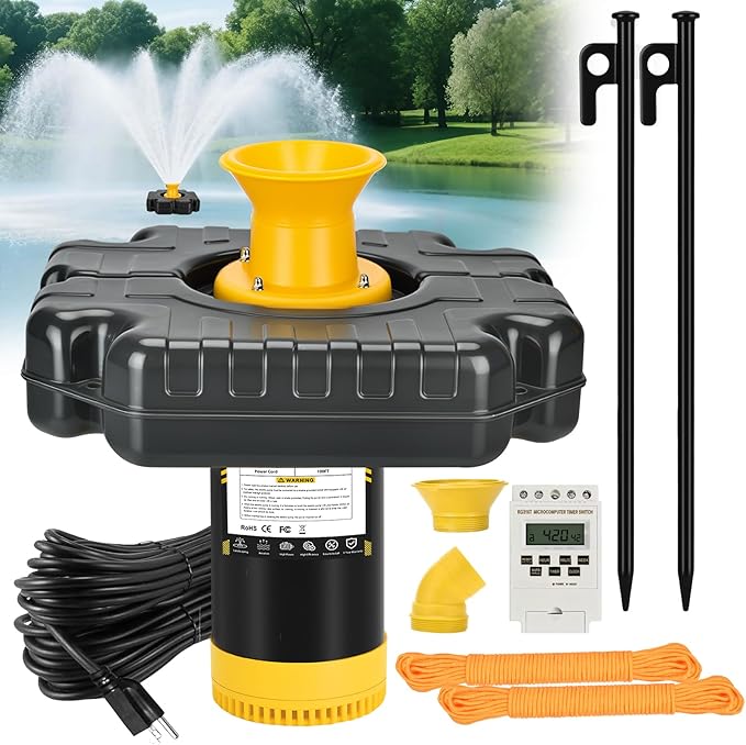 Pond Fountain Aerator Burnvale BU-F4, 1HP 15000 GPH Floating Pond Aerator Fountain with 100FT Power Cord, Timer, 2x100FT Traction Rope for Large Ponds, Lakes, Farm, Ranch, Outdoor Large Fish Pond