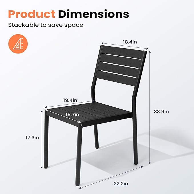Pellebant Stackable Outdoor Dining Chairs Set of 2, Aluminum Patio Chairs with Armless, All-Weather for Garden, Lawn, Deck, Porch and Yard, Black