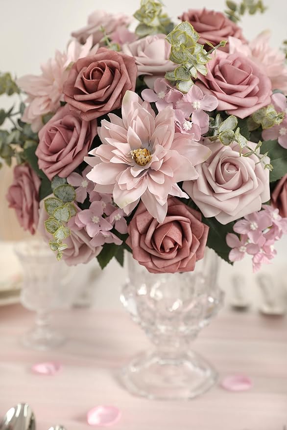 YYHUAWU Artificial Flowers Combo Box Set Gradient Color Flower Leaf with Stems for DIY Wedding Bouquets Centerpieces Baby Shower Party Home Decorations