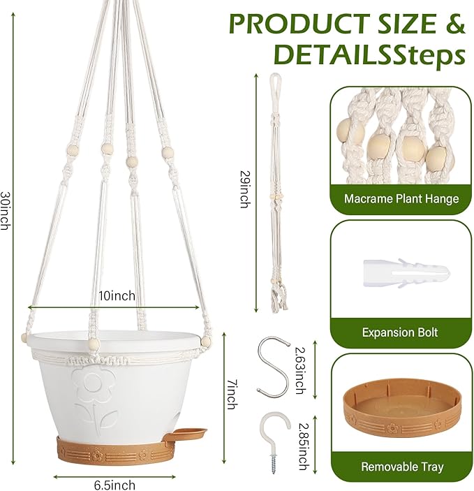 gegemaoyi 3 Pack Hanging Baskets Set, Hanging Planters for Indoor & Outdoor Plants, Self-Watering Hanging Pots with Removable Tray&Drainage Holes, Flower Pots for Home Garden Decor 10 Inch (White)