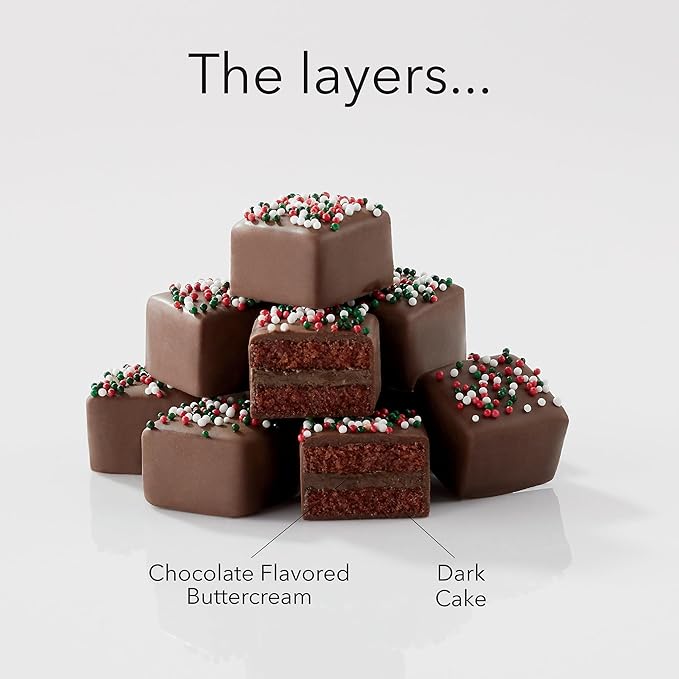 The Swiss Colony Happy Holidays Petits Fours Cakes – Gourmet Cake Assortment with Chocolate, Layer Cakes, and Jam – Christmas Dessert Gift – (Pack of 36)