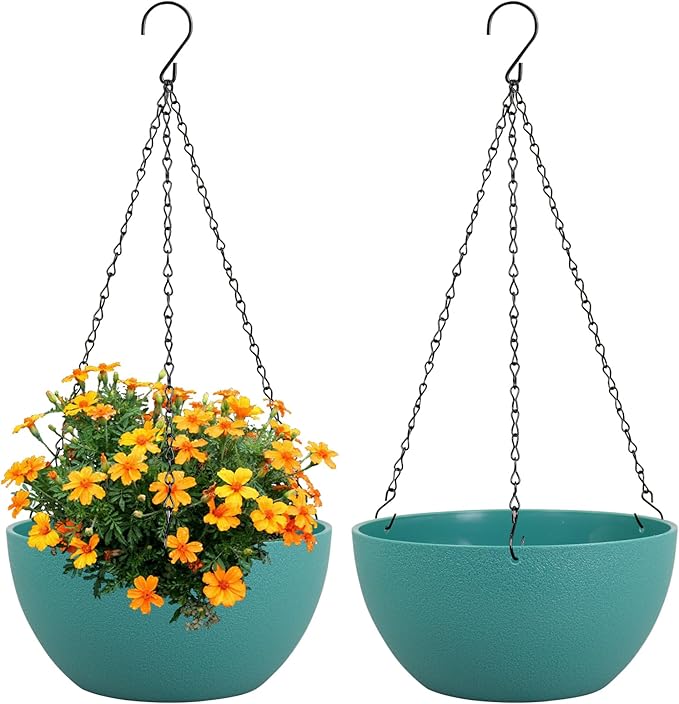 Meowell 10 inch Hanging Planters for Indoor Outdoor Plants, 2 Pack Hanging Flower Pots with Drainage Holes and Chain for Garden Porch, Plastic Hanging Baskets for House Plants, Blue Green