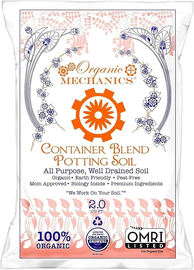 Organic Mechanics Container Blend Potting Soil, 2 Cu Ft - All-Purpose, Peat-Free, Well-Drained Blend with Compost, Rice Hulls, and Worm Castings for Growing Annuals, Perennials, Woody Plants