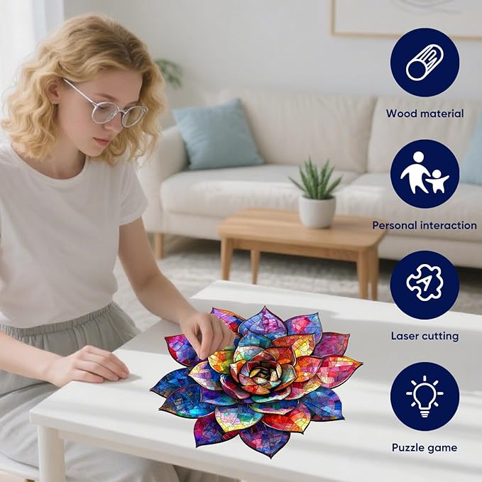 Delobil Wooden Puzzles for Adults 500 Pieces, Stained Glass Succulent Jigsaw Puzzles, Unique Shaped Plant Puzzle Gift for Kids, Family Puzzle Game, 16.5 x 16.3 Inches