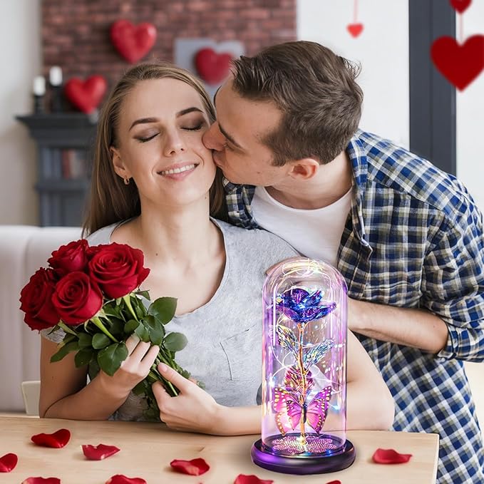Valentines Day Rose Gifts for Her Women Birthday Gift Galaxy Glass Rose in Glass Dome Forever Eternal Crystal Flowers with Butterfly Valentines Day Gifts for Women Daughter Mom Wife Girlfriend Purple