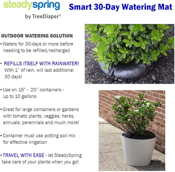 SteadySpring(R) Smart 30+Day Watering Mat Auto Refills with Rain for Tomato Plants, Peppers, Veggies, Perennials, Annuals in 1-2 Gallon Containers or with a 7 in to 10 in Root Ball (1)