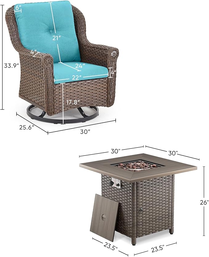 Outdoor Patio Swivel Gliders with Fire Pit Table 5 Piece Set - High Back Brown Wicker Rattan Rocking Chair with Thick Cushion for Porch Apartment Deck Yard Poolside Garden - Turquoise