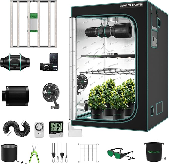 MARS HYDRO 4x4 Smart Grow Tent Kit Complete System,480W FC-E4800 APP WiFi Control Light 2646pcs LED,1680D High Reflective Mylar,with 6inch 32dB,402CFM Smart WiFi Control Ventilation System