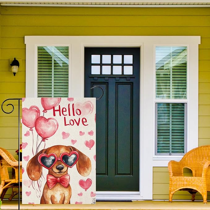 Valentine's Day Dachshund Hello Love Garden Flag, House Yard Plaid Love Heart Outside Decoration, Spring Holiday Wedding Anniversary Outdoor Small Decor 12x18(12645)