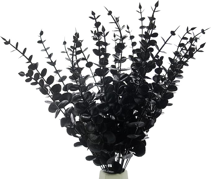 Tinsow 26 Pcs Black Artificial Eucalyptus Stems Faux Halloween Flowers Eucalyptuses Real Touch Leaf Centerpiece Home Decor (26, Black)