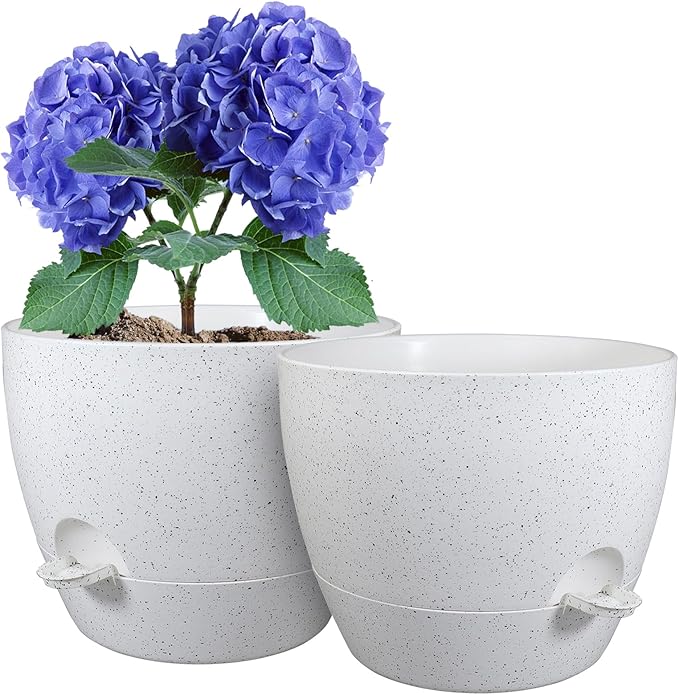 WSMKSZ 10 inch Self Watering Pots, Planter, Plant Pots with Mesh Drainage Holes for Indoor Outdoor House Plants and Garden, Set of 2 Plastic Flower Pots with Deep Reservoir, Speckled White