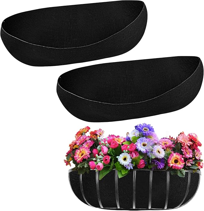 2PCS 24 Inch Window Box Liner Fabric Planter Basket Liner Trough Planter Insert Liner Black Hanging Flower Basket Liners Non-Woven Felt Plant Liner for Planters Fence Garden - Avoid Bird Nesting