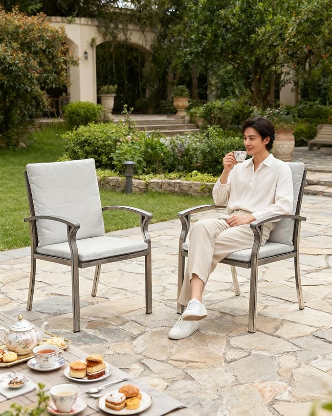 Outdoor Dining Chairs Set of 2, High Backrest Patio Chairs Set with Thick Cushion, All Weather Aluminum Patio Dining Chairs, Patio Furniture Set for Garden, Backyard, Deck, Pool, Limed Oak