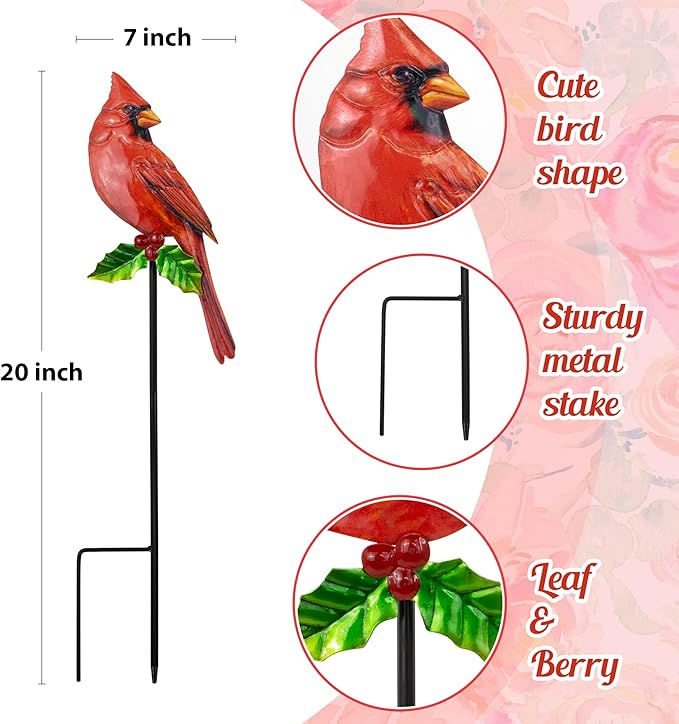YNGFIL 3 Pack Red Birds Metal Decorative Garden Stakes - 20 Inch Shaker Patio Decor Art and Rust Resistant Metal Garden Decor for Indoor and Outdoor Decor - Perfect for Patio and Lawn Ornaments