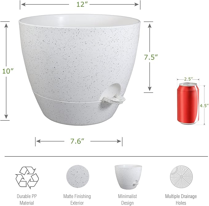 UOUZ 12inch 2Pack Large Self Watering Planters, Plastic Plant Pots with 60oZ Removable Deep Reservoir and Multi Mesh Drainage Holes for Indoor Outdoor Garden Plants and Flowers, White Speckles
