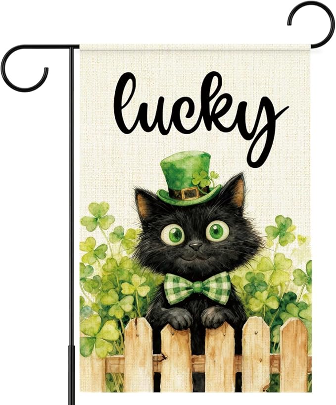 St Patricks Day Garden Flag 12x18 Inch Double Sided,Lucky Shamrocks Cat with Green Hat Outdoor Irish Decor House Porch Flag for St Patrick's Day Party and Yard Decorations