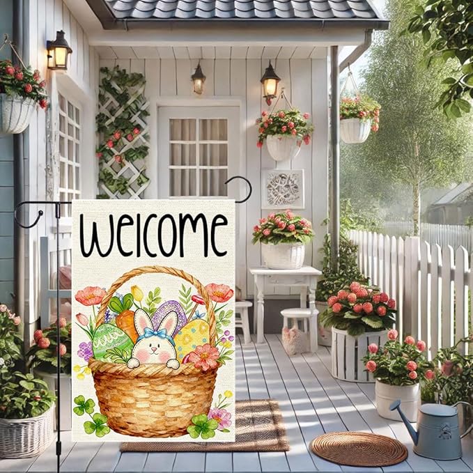 Welcome Spring Garden Flag Easter Bunny with Eggs Garden Flags 12x18 Inch Double Sided Burlap and Flowers Outdoor Decoration