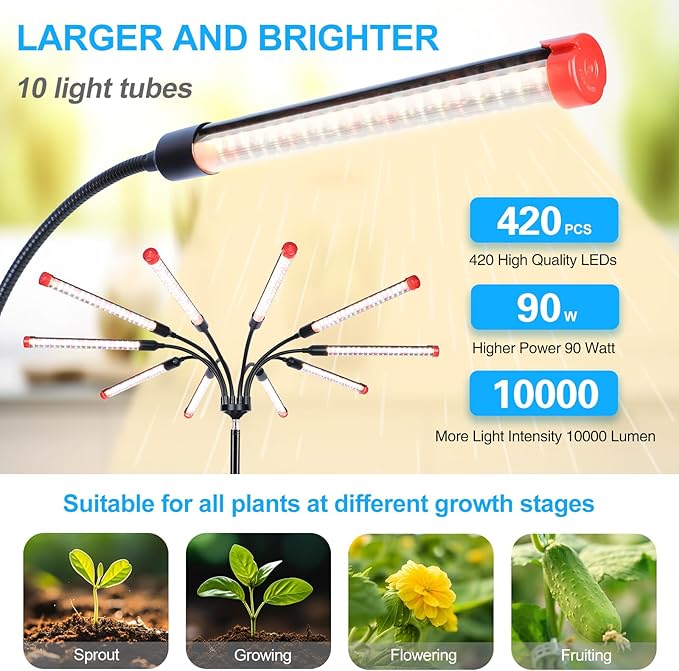 Orchbloom 10-Head Grow Light with Stand and Timer, 90 Watt Power Home Plug LED Grow Lights for Indoor Plants for Tall Houseplants, Bonsai Tree, Seed Starting, 24"-64" Adjustable Height