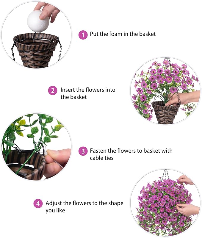 HyeFlora Artificial Hanging Flowers Basket for Outdoor, Fake Flowers Faux Plants Look Real for Yard Gardens Porch Patio Home (Purple)
