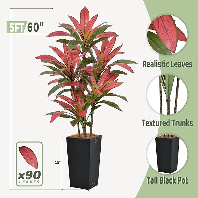 Roselywed Artificial Red Dracaena Tree 5FT with 90 Leaves & 6 Heads & Black Tall Planter Cover with Coconut Fiber Tall Faux Tropical Silk Bicolor Plant 60 Inch for Indoor Home Office Porch Mall Decor