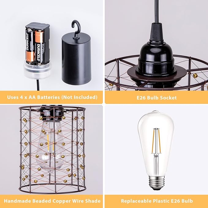 Battery Operated Hanging Outdoor Chandelier, Battery Power 5′′×6′′ Pendant Light, Gazebo Lights Outdoor, 4 AA Batteries, for Gazebo, Pergola, Porch, Patio, Indoor Outdoor Decor Lighting (2)