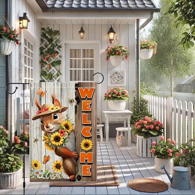 Welcome Spring Summer Garden Flag 12x18 inch Vertical Double-Side Small Burlap sunflower Squirrel Garden Flags Yard Porch Outdoor Patio Lawn Decor Flags Decorations