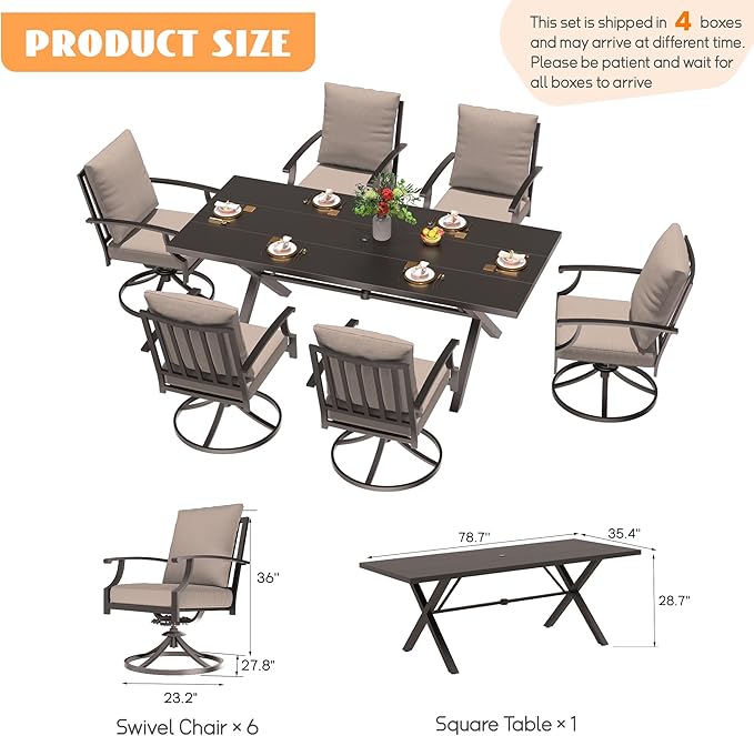 7-Piece Patio Dining Set Outdoor Conversation Set,Metal Outdoor Furniture Set with Umbrella Hole Cut-Out 78.7" x 35.4" Table and 6 Metal Backrest Swivel Chairs for Backyard,Garden,Sand
