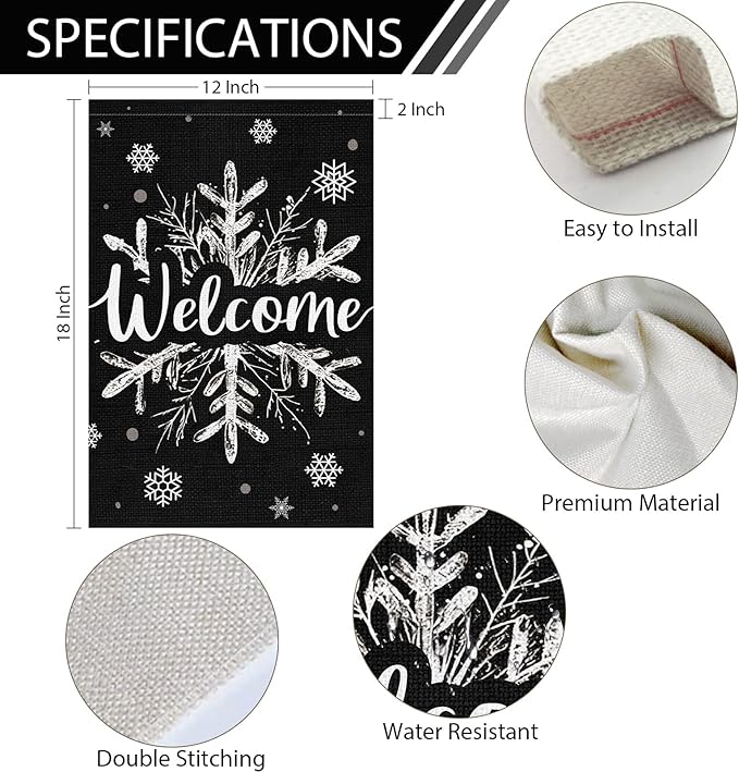 Heyfibro Christmas Garden Flag Welcome Winter Garden Flags 12x18 Inch Double Sided Burlap Snowflake Yard Flag for Winter Holiday Xmas Yard Outdoor Decoration(ONLY FLAG)