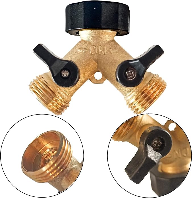 Hourleey Brass Garden Hose Splitter 2 Way, 3/4 Inch Hose Connector Tap Splitter, Hose Y Splitter, Hose Spigot Adapter 2 Valves with Extra Rubber Washers (1)