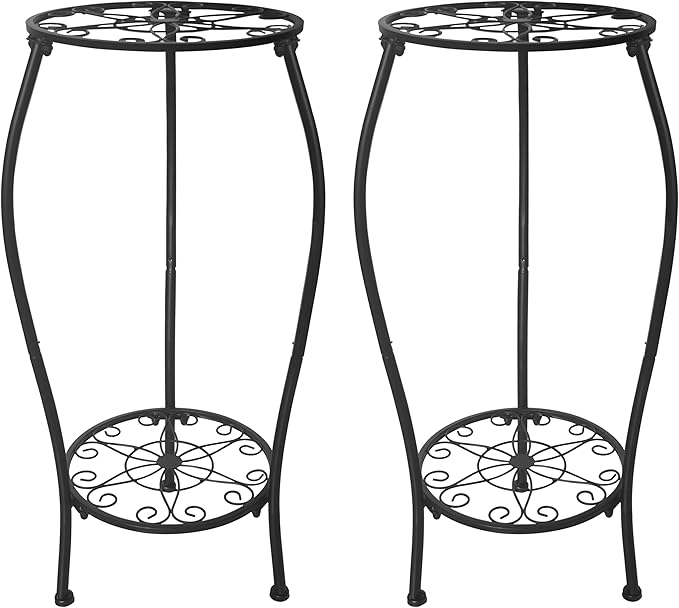 NOAMOO Metal Plant Stand 2 Tier Indoor Outdoor, Tall Flower Pot Shelf Rustproof Stable Corner Stand, 25.2 inch Multiple Plant Display Rack for Living Room Patio Balcony Garden, 2 Pack