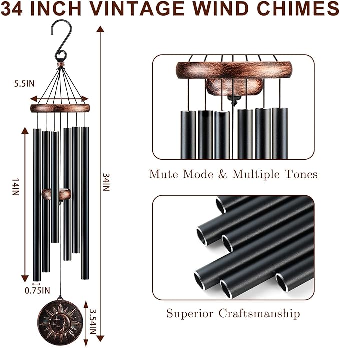 Gabzart Wind Chimes for Outside, Vintage Sun Moon Star Deep Tone Wind Chime Outdoor Clearance, Patio Porch Balcony Decoration, Garden Decor Birthday Gifts for Women Mom Grandma (34" Sun Moon Star)