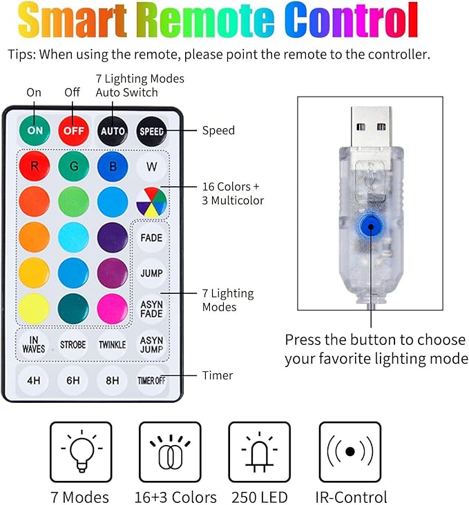 16 Colors Changing Curtain Lights - 250 LED 9.8 X 8.8 FT Fairy String, USB Powered, 7 Modes Twinkle with Remote, Backdrop Wall Hanging Dripping for Bedroom Backyard Christmas Halloween Decor