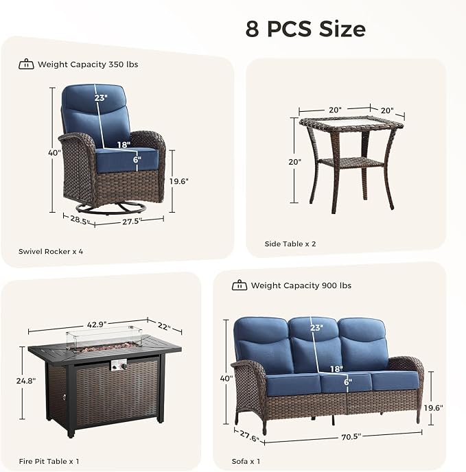 Luxury Patio Furniture Set with Fire Pit Table, Outdoor Furniture Set with High Back Swivel Chairs & 6-inch Thick Cushions, 8 PCS Fire Pit Patio Set for Yard, Deck, Poolside, Brown/Blue
