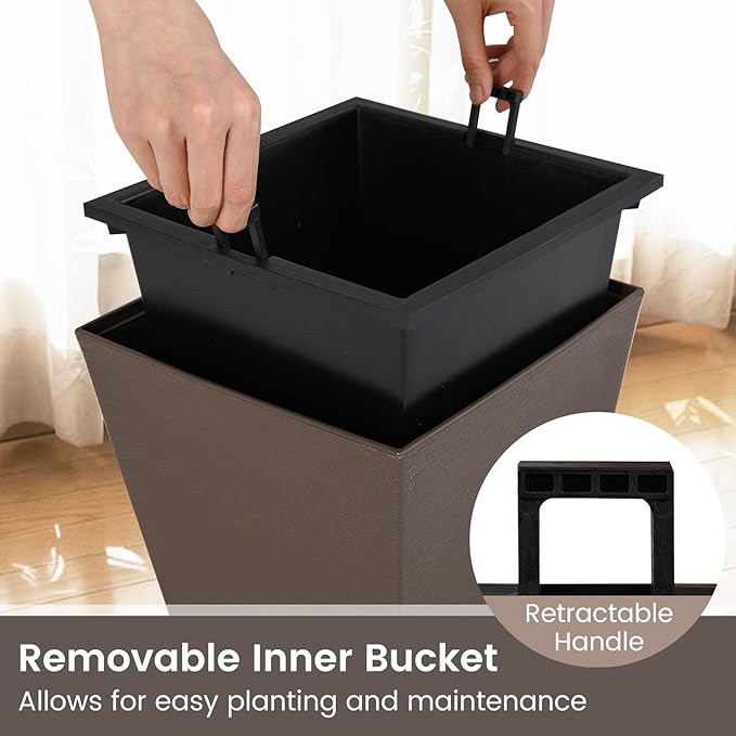 Giantex Square Taper Planter Set of 2, Self-Watering Flower Pots with/Removable Inner Bucket & Drainage Holes, Indoor Outdoor Decorative Plant Container for Porch Balcony (Brown,11.5"x11.5"x22.5")