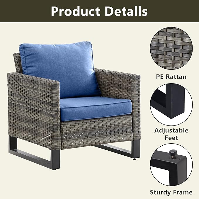 Wicker Outdoor Patio Furniture Set - 5 Piece Patio Conversation Set with 2 Wicker Armrest Chairs,2 Rattan Ottoman and 1 Metal Side Table for Outside Porch Deck Backyard Garden(Mixed Grey/Blue)