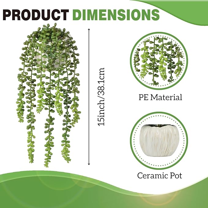 Hisow Succulents Plants Artificial, Small String of Pearls with Ceramic Pot Artificial Faux String of Pearls Suitable for Home Garden Decor, Wall Decoration