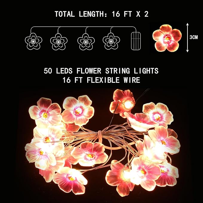 Mudder 2 Pieces Cherry Blossom Lights LED Flower String Light Blossom Decor Battery Wire Fairy LED Garland for Birthday Wedding Bedroom Party Decoration(16.4 ft,Cherry)