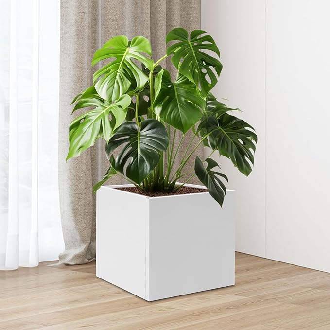 16~32inch Steel Planter Square Outdoor Planters Box Indoor Metal Large Planters Cube, Heavy Duty Flower Pot Modern for Commercial Residential Home Garden Porch Hotel Patio (White, 24×24×24in)