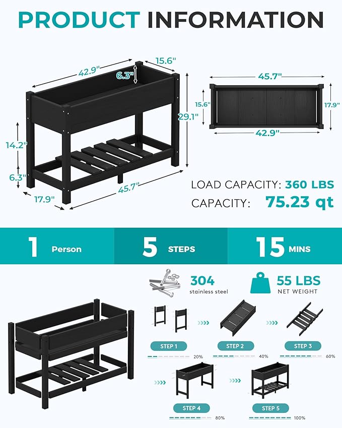 SERWALL Raised Garden Bed with Legs Set of 2, 43"×17"×30" Large HDPE Elevated Planter Box for Vegetables Flower Herb Patio, All Weather Use-Black