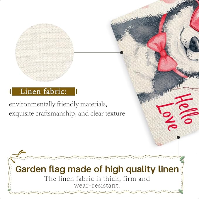 Valentine's Day Husky Hello Love Garden Flag, House Yard Plaid Love Heart Outside Decoration, Spring Holiday Wedding Anniversary Outdoor Small Decor 12x18(12630)