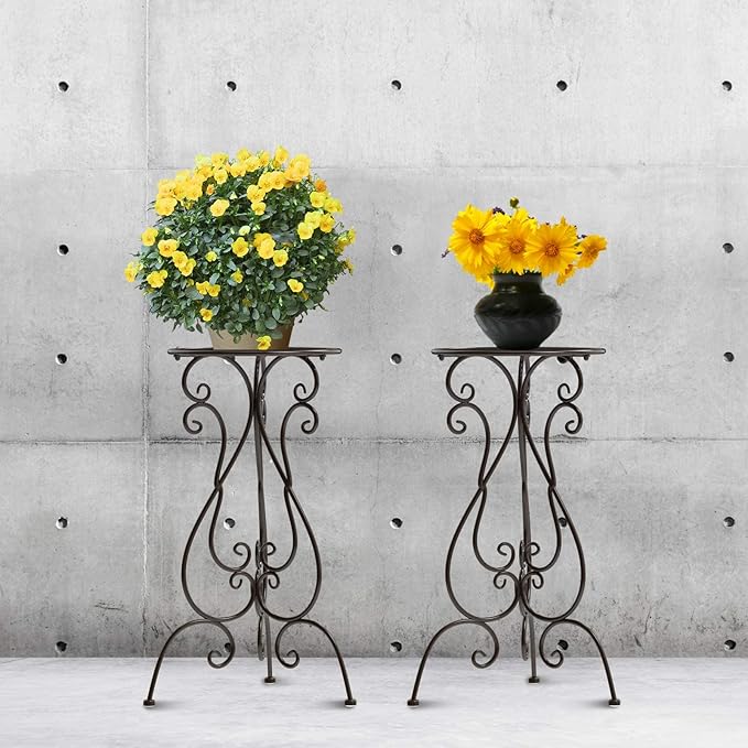 NAKUPE 2 Pack Plant Stands Indoor Outdoor, Metal Flower Pot Holder 22.5 inch Tall, Heavy Duty Pedestal Plants Stand for Patio Garden Porch Corner Balcony, Brown