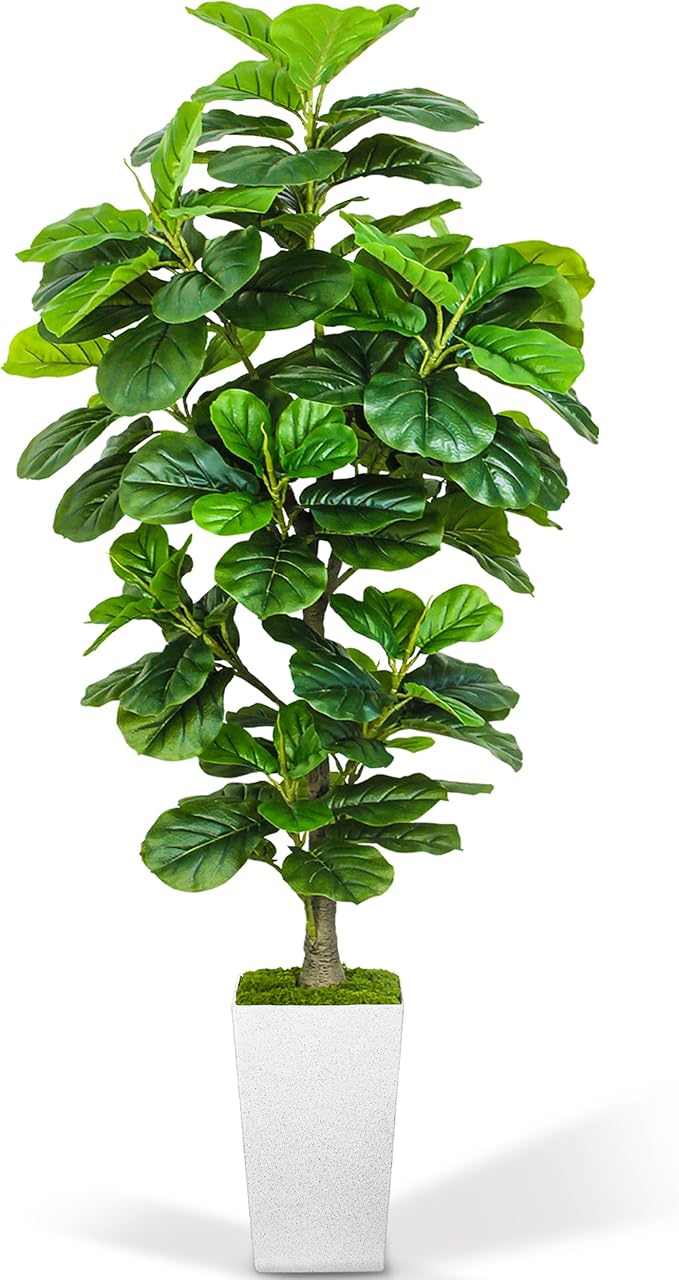 KOPWVA Artificial Fiddle Leaf Fig Tree 6ft, 6 Feet Large Tall Fake Plants Indoor with Modern Style Planter, Artificial Silk Tree for Home Office Living Room Decor Indoor, More Lifelike & Lush (White)