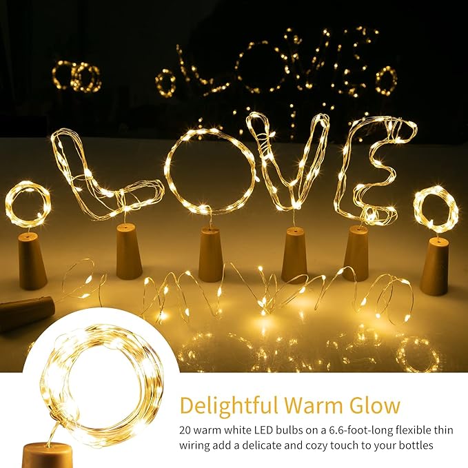 Brightown Wine Bottle Lights with Cork, 20 Pack 20 LED Waterproof Battery Operated Cork Lights, Silver Wire Mini Fairy Lights for Liquor Bottles DIY Party Bar Christmas Holiday Wedding Décor
