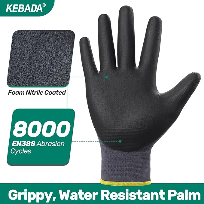 Kebada W5 Work Gloves Bulk Pack (60 Paris), Foam Nitrile Coated Working Gloves with Grip, Ultra Stretchable Spandex Knit Gloves for Gardening and Light Duty Mechanic Work, Medium (Made in Vietnam)