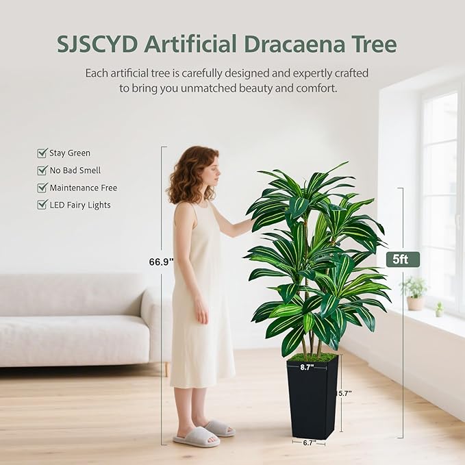 Artificial Dracaena Tree 5FT, Faux Tree with Black Tall Planter, Fake Yucca Tree Tall Faux Plants Indoor, Floor Plant for Home Office Living Room Garden Decor