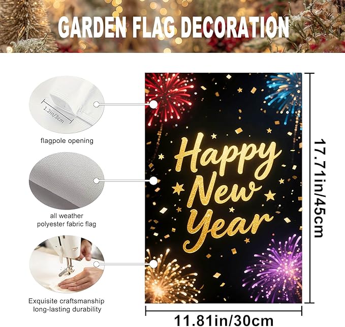 Happy New Year Garden Flag 12x18 Inch Double Sided Celebration Flag Banner Outdoor Yard Decoration for Home Lawn Porch House Seasonal Holiday Welcome Garden Flags