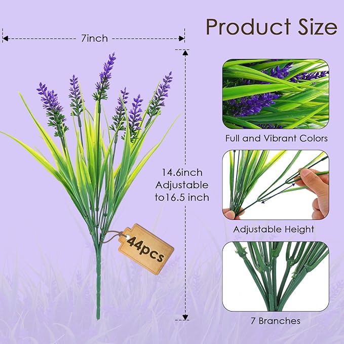 Rowfad 44 Pcs Artificial Outdoor Flowers Lavender Fake Greenery Plants UV Resistant Grass with Purple Flowers for Pot Decor for Window Garden Patio Hanging Planter Pathway Front Porch (44, Purple)