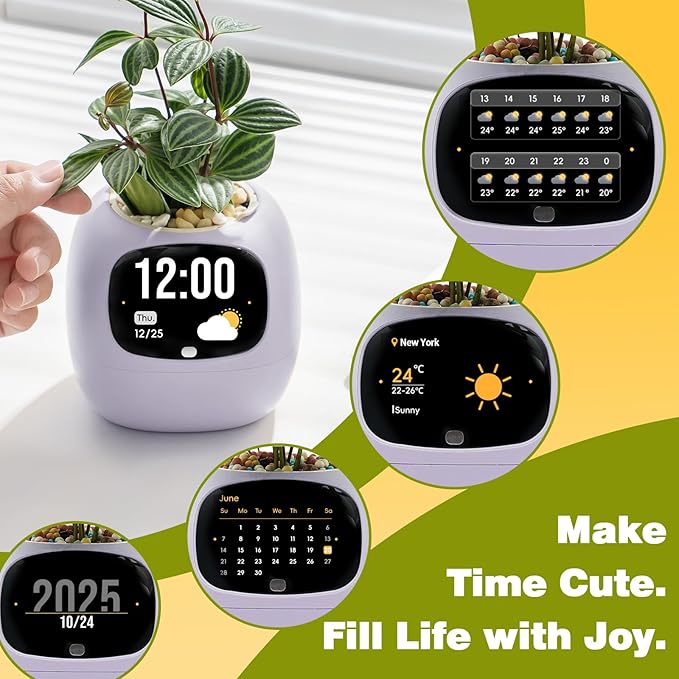 Plantsio AI Smart Pot for Plants with App Control, Self-Watering, Visual Display & 80ml Reservoir, Digital Plant Pot Supports 100+ Plants, Pomodoro Timer, Clock & Calendar,Desk & Office Planter-Purple